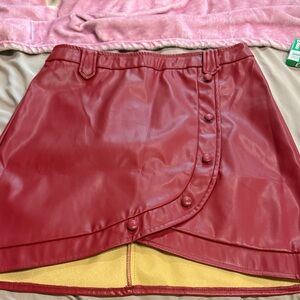 Belle Pogue Faux Leather Red Wrap Button Mini Skirt new